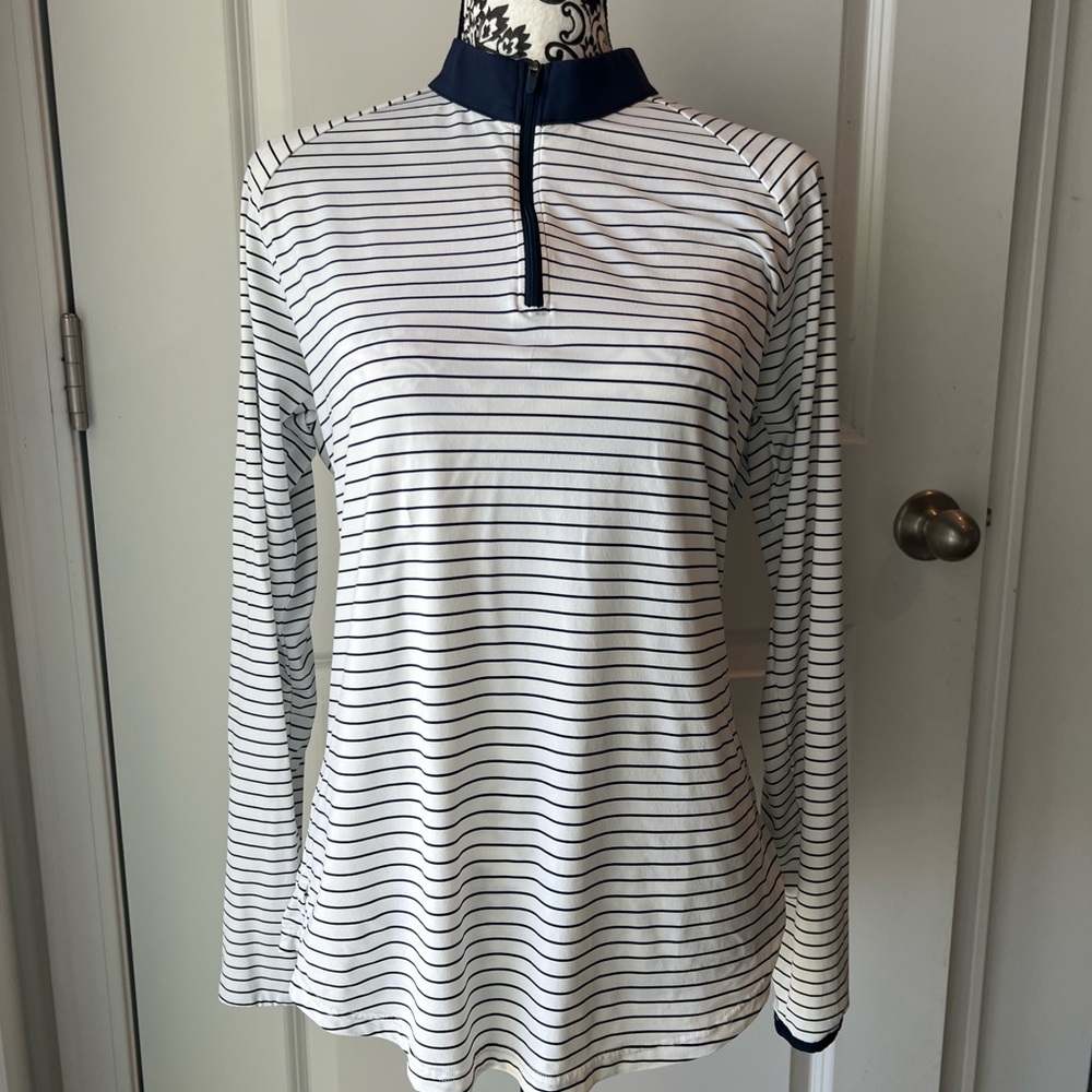 Foot Joy Striped Long-Sleeve Quarter-Zip Top in White & Navy. Large